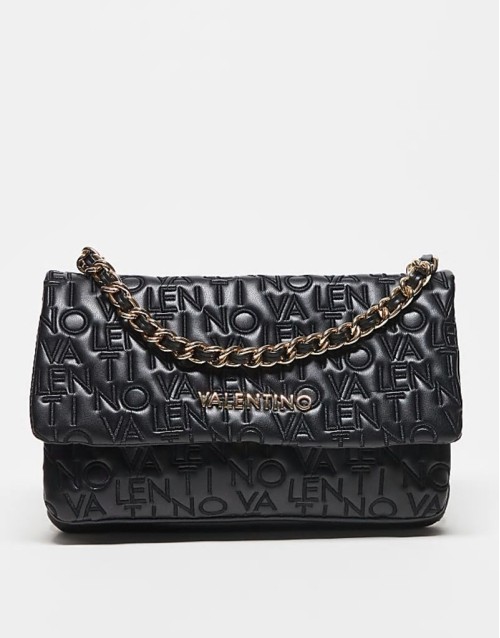 Valentino dram embroidered logo crossbody bag with chain strap in black