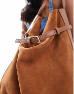 suede and leather belted tote bag in tan
